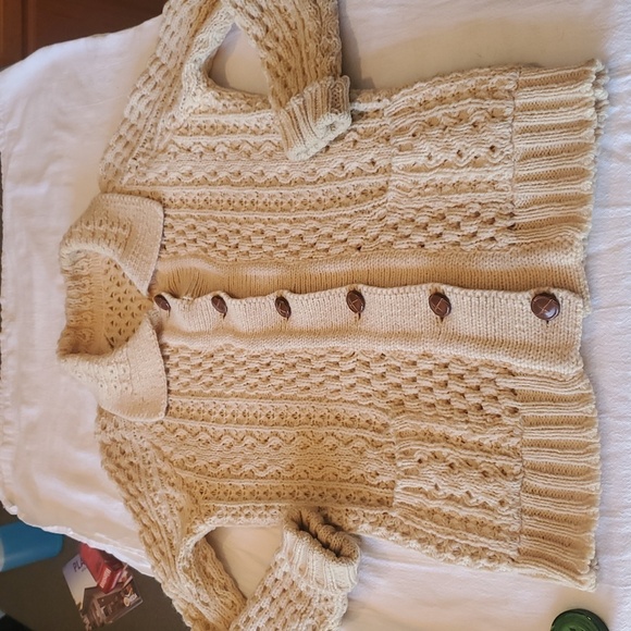 Vintage Wool Cable Knit Cream Leather Wrapped Sz. M Cardigan - Picture 6 of 12